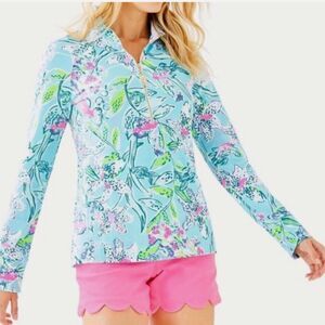 Lilly Pulitzer Blue Green Pink Skipper Popover Bali Blue Sway This Way UPF50, XS